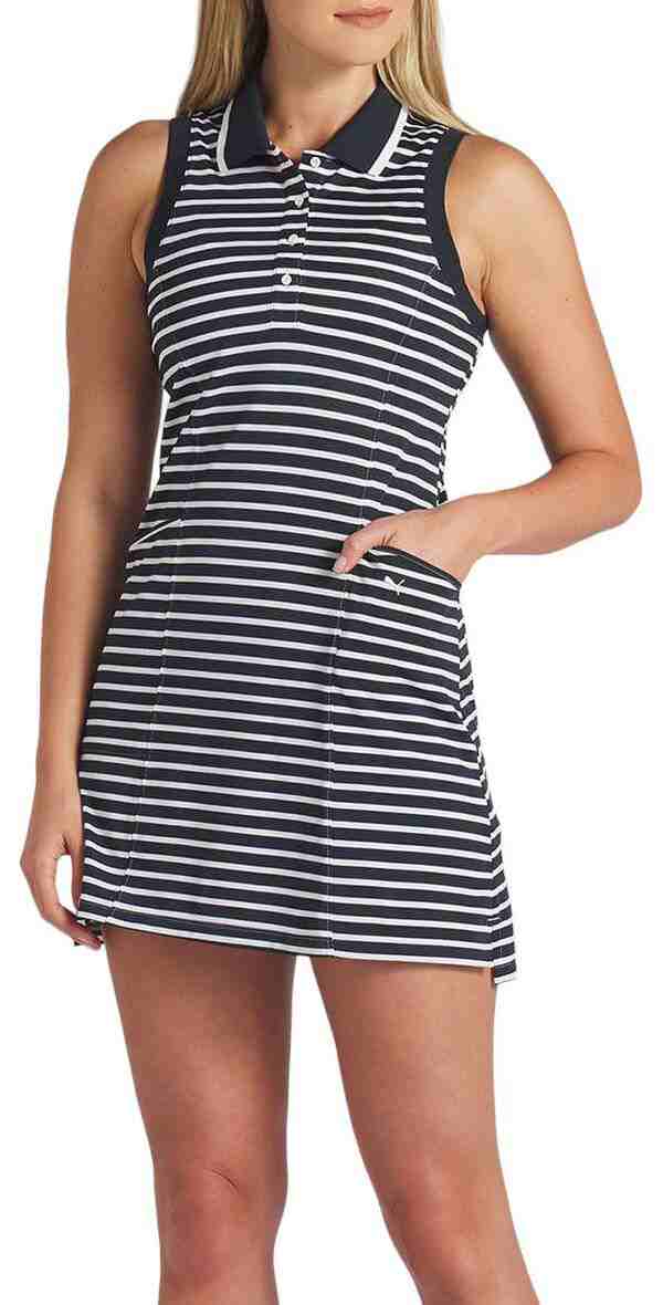 プーマ レディース シャツ トップス PUMA Women's Everyday Stripe Pique Sleeveless Dress Deep Navy/White Glow