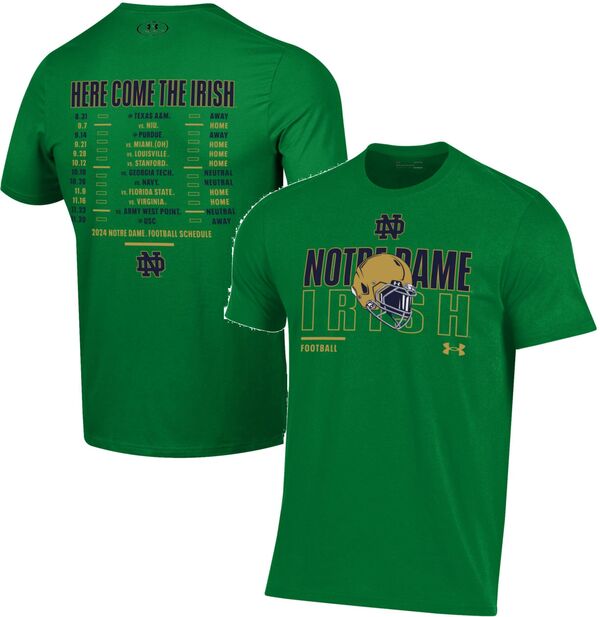 アンダーアーマー メンズ Tシャツ トップス Under Armour Men's Notre Dame Fighting Irish Green Football Schedule T-Shirtの通販は