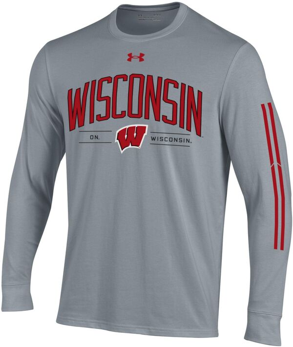 アンダーアーマー メンズ Tシャツ トップス Under Armour Men's Wisconsin Badgers Heather Grey Performance Cotton Long Sleeve T-Shirの通販は