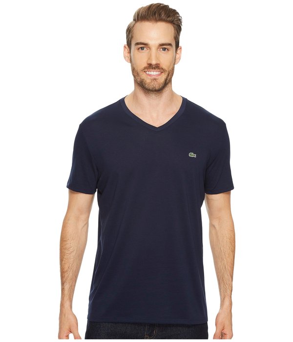 ラコステ メンズ シャツ トップス Short Sleeve V-Neck Pima Jersey Tee Navy Blue