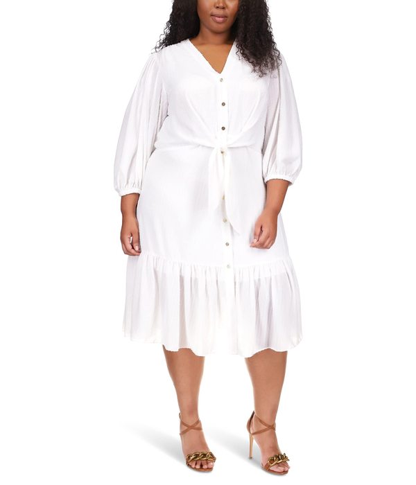 マイケルコース レディース ワンピース トップス Plus Size Pinstripe Tie Midi Dress White