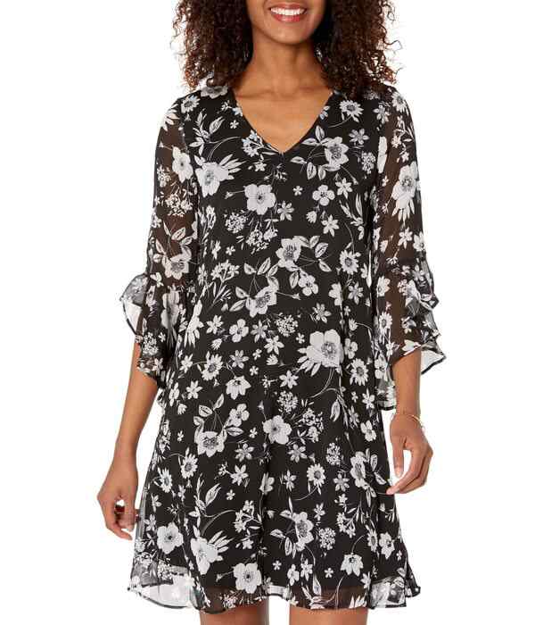 カルバンクライン レディース ワンピース トップス Chiffon Print Bell Sleeve Dress Black Cream