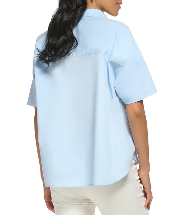 カルバンクライン レディース シャツ トップス Short Sleeve Round Hem High-Low Cashmere Blue