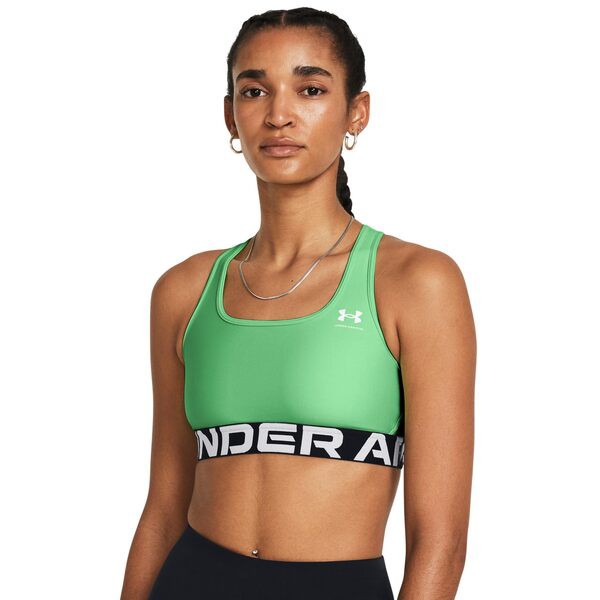 アンダーアーマー レディース ブラジャー アンダーウェア HeatGear Authentics Mid Impact Branded Sports Bra Matrix Green/Wh