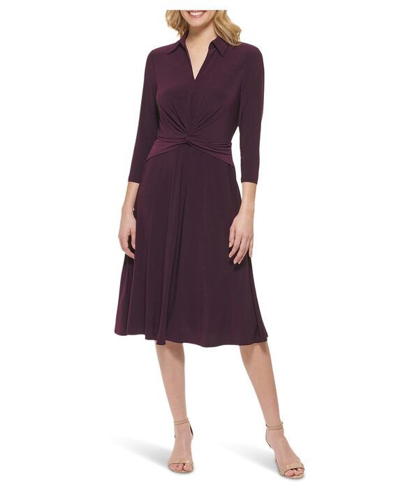 トミー ヒルフィガー レディース ワンピース トップス V-Neck Twist Waist with 3/4 Sleeve Aubergine