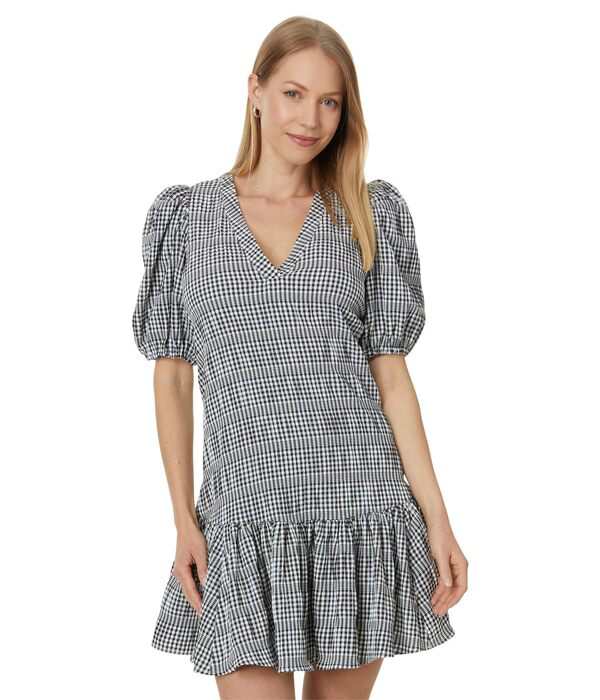 カルバンクライン レディース ワンピース トップス Gingham Print Gauze Dress with Puff Sleeve Black/White