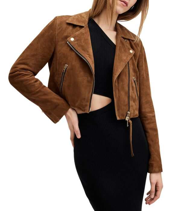 オールセインツ レディース コート アウター Suede Dalby Crop Biker Sugar Brown