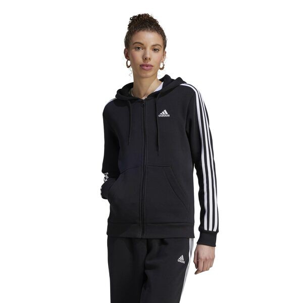 アディダス レディース パーカー・スウェット アウター 3-Stripes Fleece Full Zip Hoodie Black/White 1