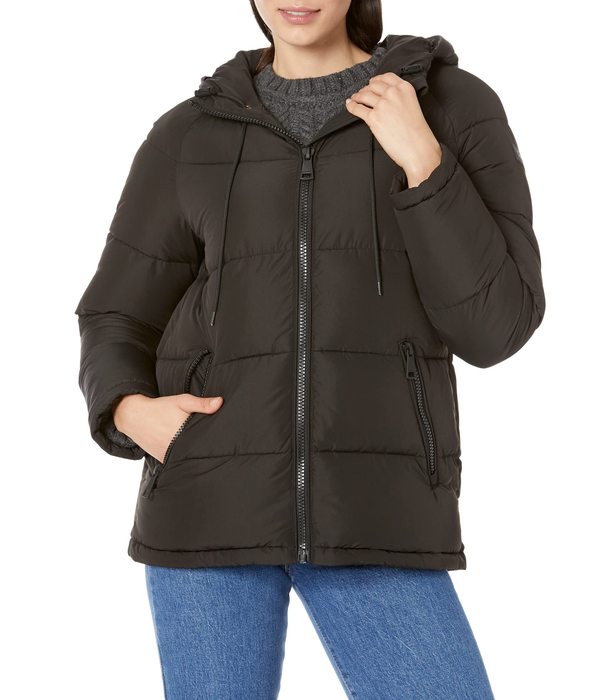 カルバンクライン レディース コート アウター Short Faux Fur Trimmed Puffer Black