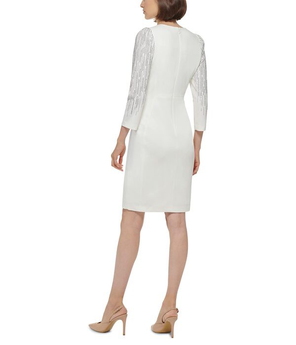 カルバンクライン レディース ワンピース トップス Scuba Crepe Sheath with Beaded 3/4 Sleeves Cream