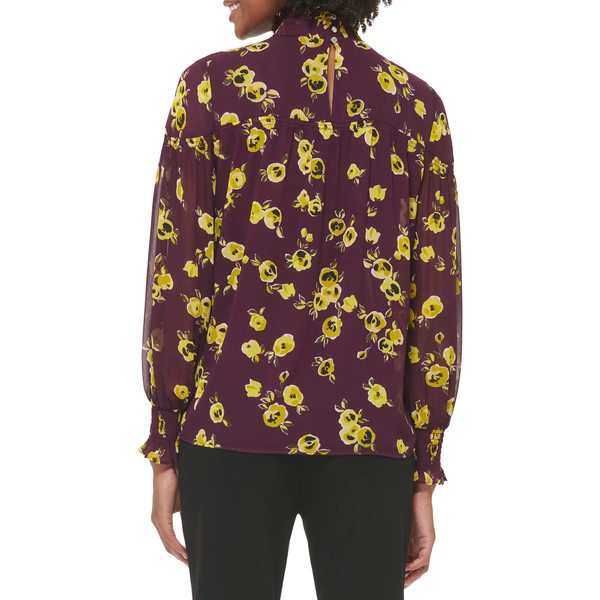 カルバンクライン レディース シャツ トップス High Neck Smocked Long Sleeve Aubergine Combo 2