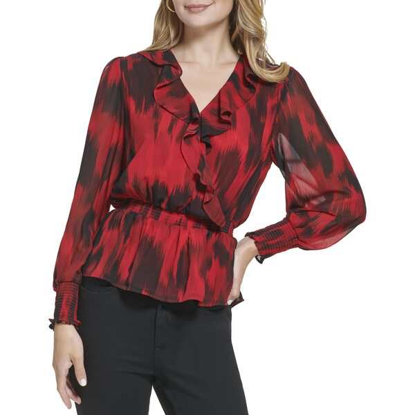 カルバンクライン レディース シャツ トップス Faux Wrap with Ruffle Rouge/Blackの通販は