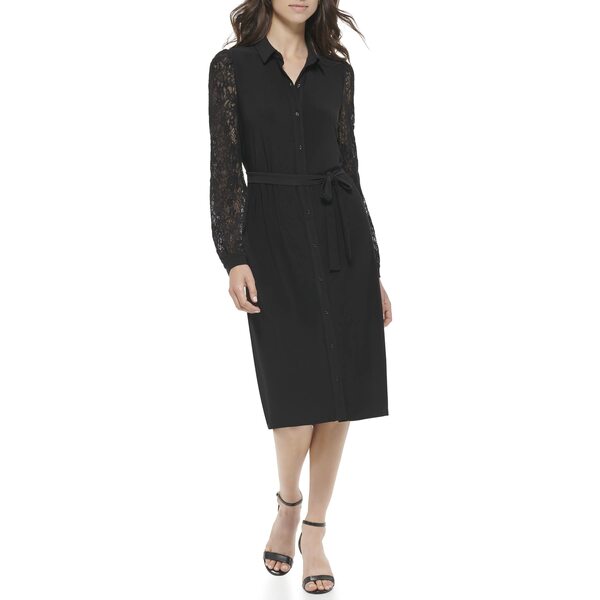 トミー ヒルフィガー レディース ワンピース トップス Long Sleeve Jersey Shirtdress with Lace Sleeve Black