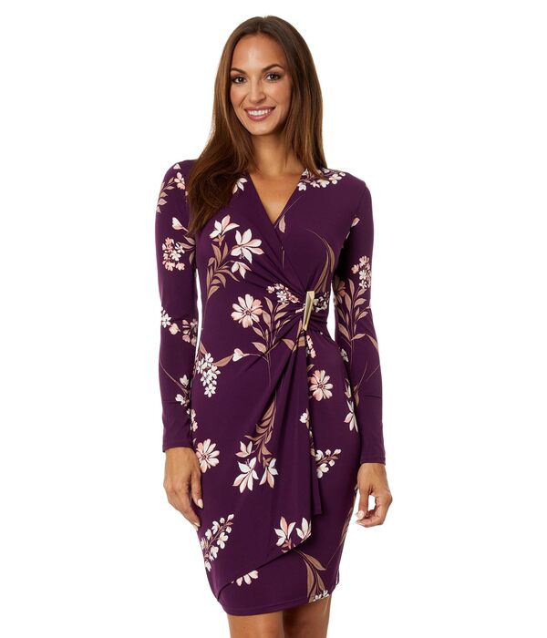 カルバンクライン レディース ワンピース トップス Matte Jersey V-Neck Dress with Gold V-Bar and Side Ruching Aubgne/Multiの通販は 32,800円