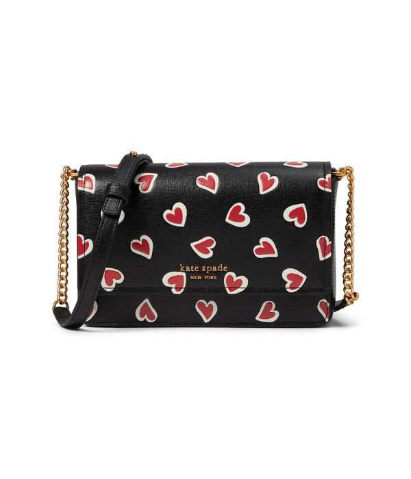 ケイトスペード レディース ハンドバッグ バッグ Morgan Stencil Hearts Embossed Printed Saffiano Leather Flap Chain Wallet Black Mu