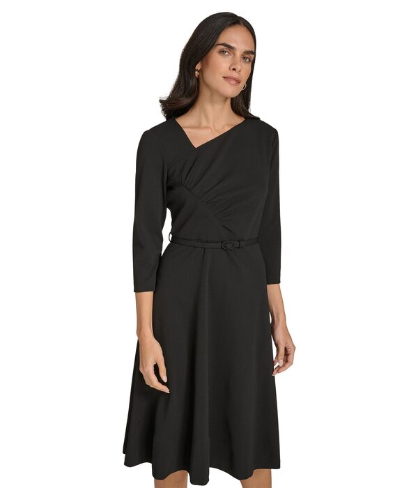 カルバンクライン レディース ワンピース トップス Scuba Crepe Asym Rouched Neck Midi With Belt Black