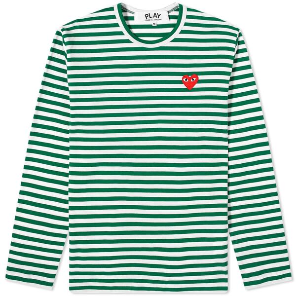 コム・デ・ギャルソン メンズ Tシャツ トップス Comme des Garcons Play Long Sleeve Heart Stripe Logo Tee Green White & Red