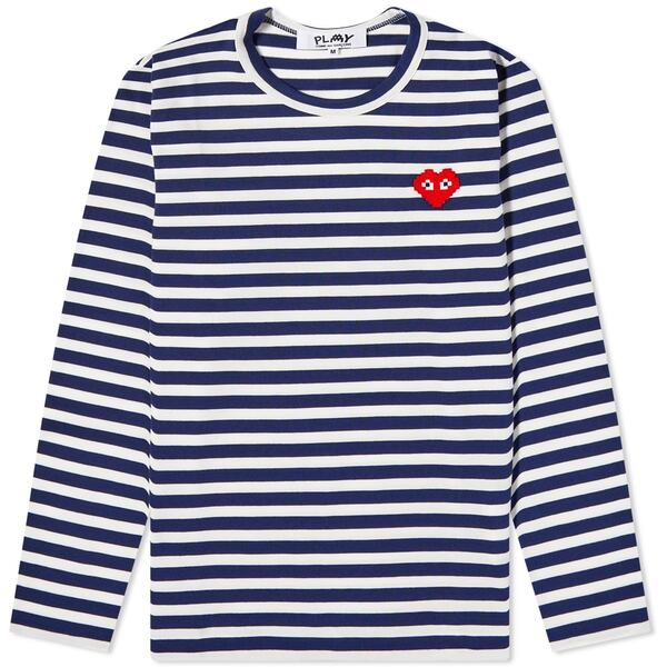 コム・デ・ギャルソン レディース Tシャツ トップス CDG Play Invader Heart Stripe Long Sleeve Tee Navy & White
