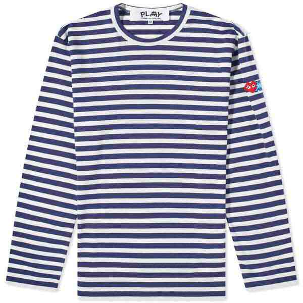 コム・デ・ギャルソン メンズ Tシャツ トップス Comme des Garcons Play Long Sleeve Invader Heart Striped T-Shirt Blue & White