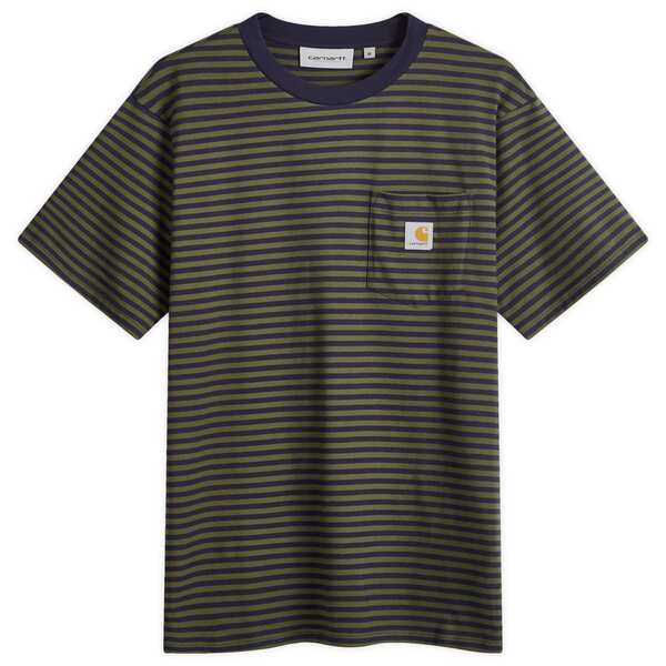 カーハート メンズ Tシャツ トップス Carhartt WIP Verner Stripe Pocket T-Shirt Dark Navy & Office Green