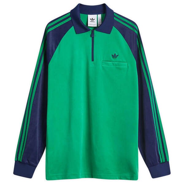 アディダス メンズ ポロシャツ トップス Adidas Velour Polo Green & Night Indigo