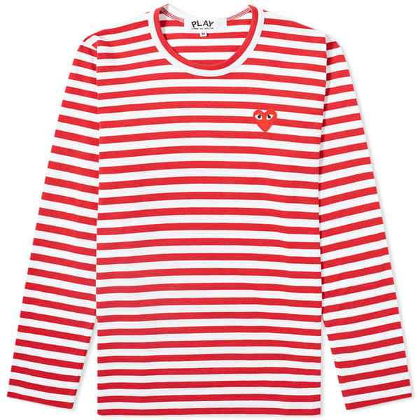 コム・デ・ギャルソン レディース Tシャツ トップス Comme des Garcons Play Women's Long Sleeve Heart Logo Stripe Red & White