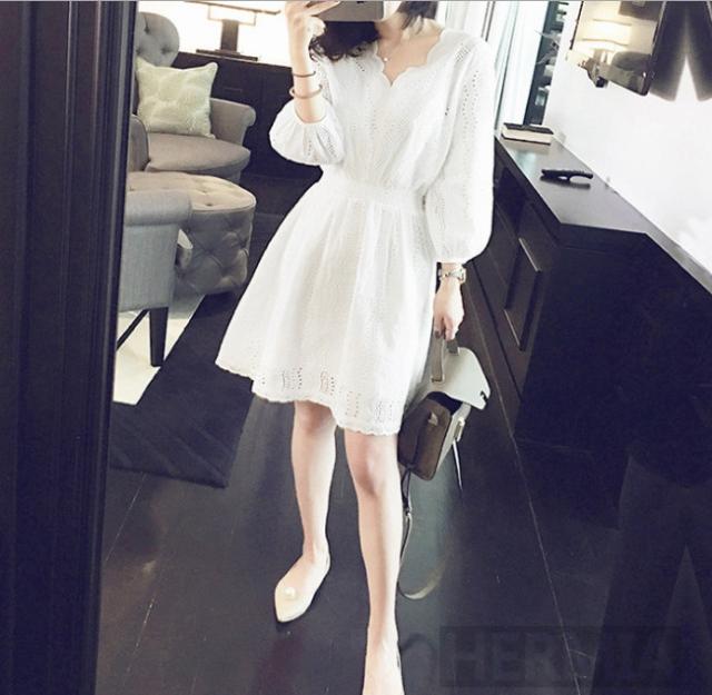 ワンピース 春 夏 ワンピ レース インナー付き 2点セット レースワンピース 7分袖 パフスリーブ Vネック Aライン ウェストゴム ビーチ の通販はau Pay マーケット Hermia