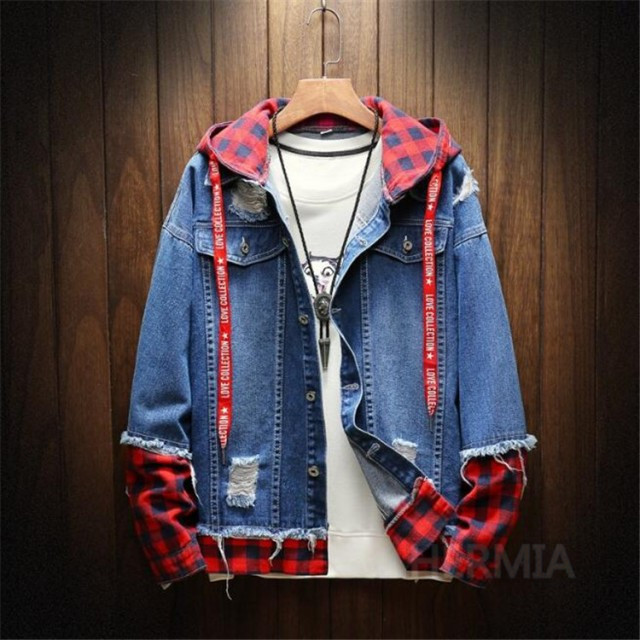 デニムジャケット メンズ ダメージ パーカー フェイク2枚 チェック柄 ゆったり ジージャン ブルゾン フード付き ジャケット アウターの通販はau Pay マーケット Hermia