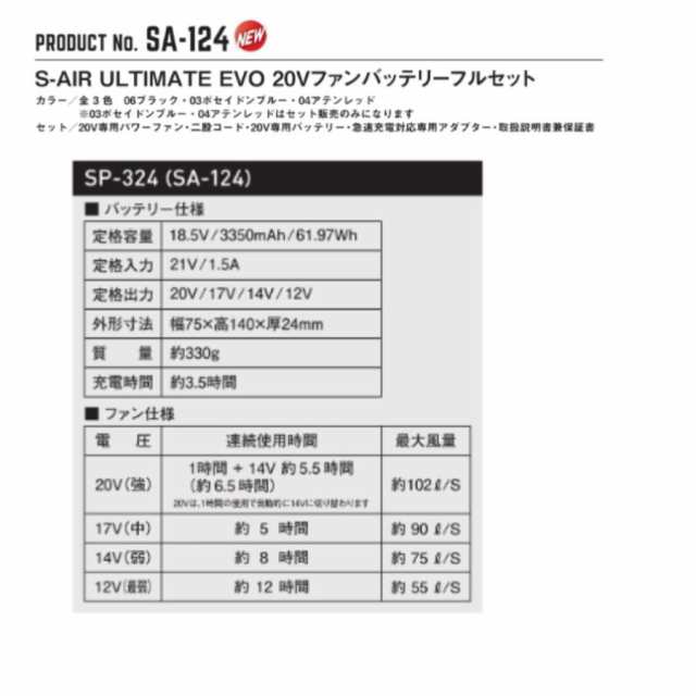 シンメン SA-124 S-AIR ULTIMATE EVO 20Vファンバッテリーフルセット エスエアー 空調ウェア 空調