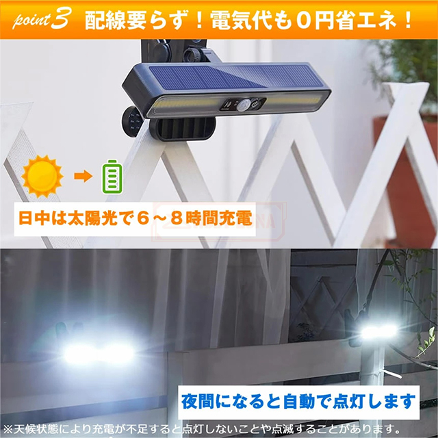 最安挑戦 春新作 送料無料 新作 センサーライト ソーラーライト 屋外 防水 明るい 人感 ガーデンライト クリップライト LEDライト パネル 人感センサー 防犯 ライト 室内 防災 クリップ式 屋外照明 玄関 駐車場 庭 暖色 白色_6