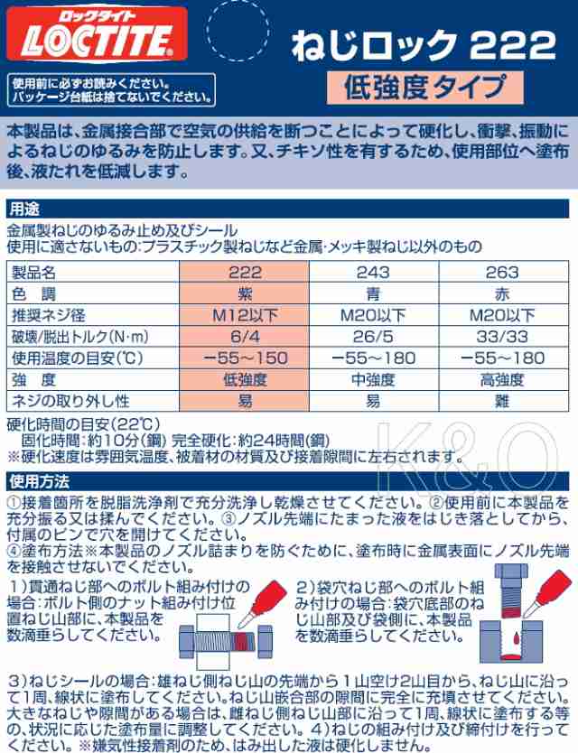 最新の激安 LOCTITE ロックタイト ねじロック 222 低強度タイプ 10ml LNR-222