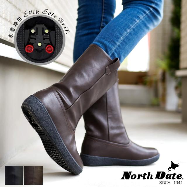 North Date ノースデイト スノーブーツ ミドル丈 レディース ペコス Wグリップスパイク 耐水 生活防水 蓄熱保温 フリース 抗菌 フラット 防滑 防寒 北海道 3e 冬 雪 氷