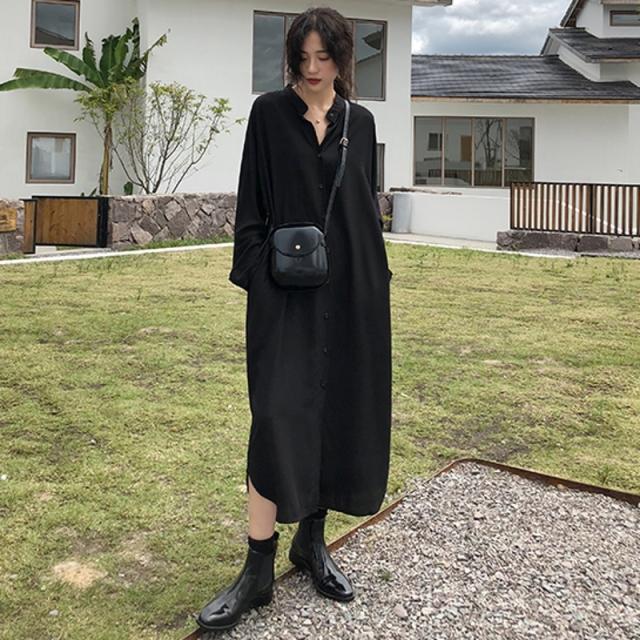 シャツワンピース ロング丈 レディース ロングシャツワンピース シャツ ワンピース ブラック 開襟 長袖 春 夏 定番 無地 ゆったり 黒の通販はau Pay マーケット Rightsight ライトサイト