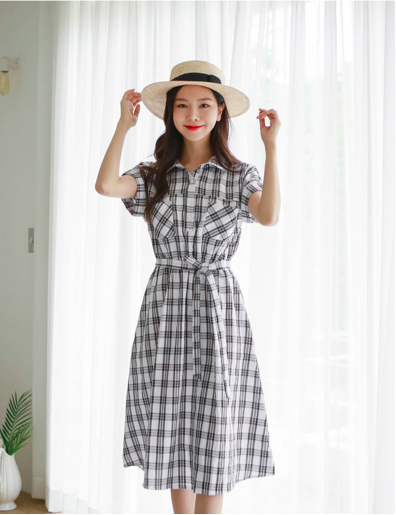 タータンチェック ワンピース レディース シャツワンピース 半袖 ひざ下丈 ブラック 大人可愛い ガーリー 韓国 お呼ばれ お出かけ デートの通販はau Pay マーケット Rightsight ライトサイト