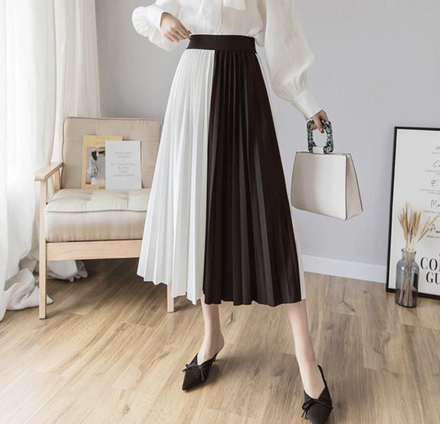 プリーツスカート バイカラー ロング丈 シンプル キレイめ ゆったり アシンメトリ スカート 春色 春 白 黒 ピンク 灰色の通販はau Pay マーケット Hanano