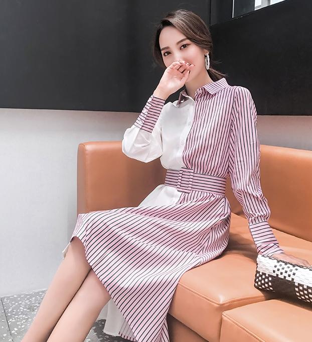 ワンピース 綿 ひざ下丈 長袖 30代 白 ストライプ テールカット ウエストベルト 襟付き バイカラー ハイウエスト オールインワン 春の通販はau Pay マーケット Hanano