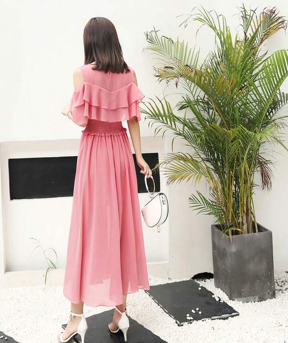 夏ワンピース シフォン ロング丈 半袖 代 黒 ピンク 緑 赤 ピンク茶 無地 フリル オフショルダー 大きいサイズ オールインワン ワンピの通販はau Pay マーケット Hanano