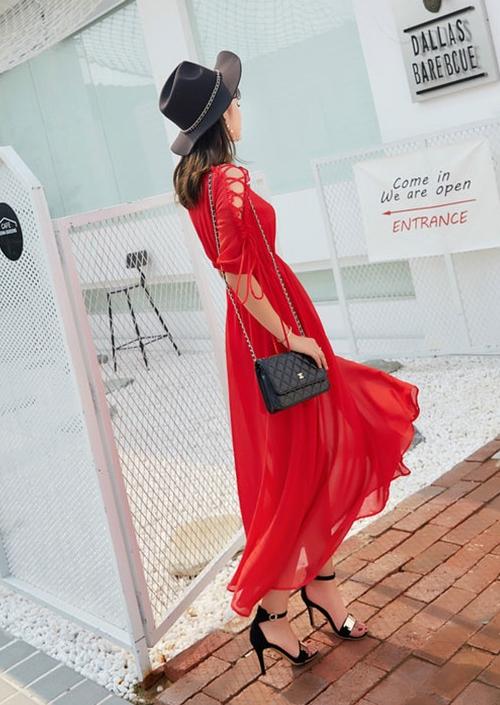 リゾートワンピース シフォン ロング丈 ラウンドネック 五分袖 無地 フリル 大人可愛い セクシー ハイウエスト 赤 ワンピース 夏の通販はau Pay マーケット Hanano