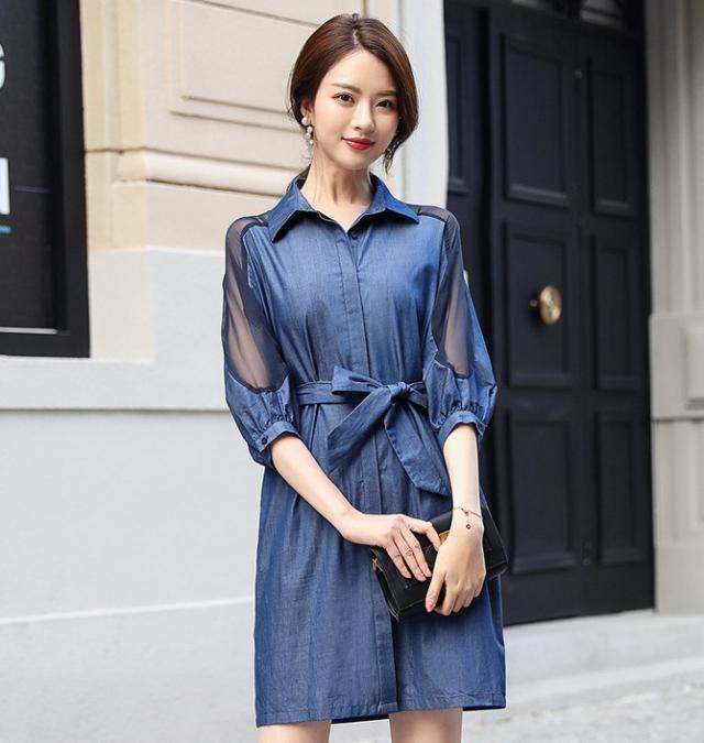 ワンピース 綿 ひざ丈 ５分袖 代 青 無地 Aライン 襟付き 袖シースルー ウエストリボン お出かけ レディース オールインワン 春の通販はau Pay マーケット Hanano