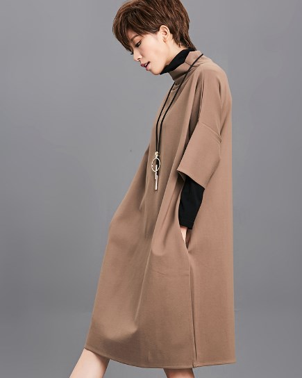 メンズライクなカジュアルワンピース 綿 スタンドカラー 七分袖 無地 ゆったり 体型カバー ストリート シングル 膝丈 キャメル ブラック の通販はau Pay マーケット Hanano