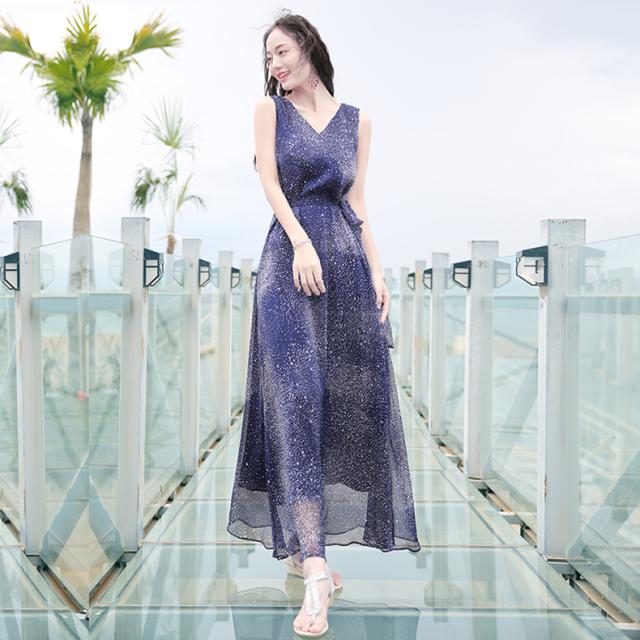 リゾートワンピース シフォンロング丈 Vネック ノースリーブ 星柄 Aライン 細見え ウエストリボン 透け感 青 ワンピース 春の通販はau Pay マーケット Hanano