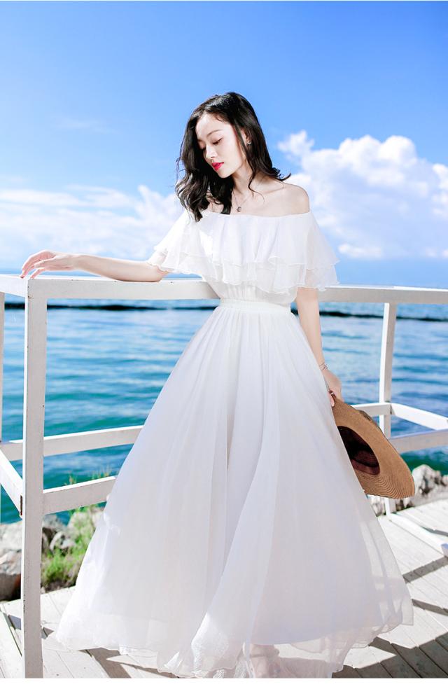 ワンピース シフォンロング丈 パイルスリーブ オフショルダー 半袖 無地 Aライン 体型カバー 透け感 白 ワンピース 夏の通販はau Pay マーケット Hanano