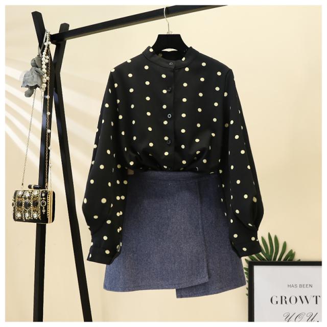 シャツ スタンドカラー 長袖 ドット柄 青 アプリコット スタンドカラー 大人可愛い オシャレ 通勤 レディース トップス 春の通販はau Pay マーケット Hanano