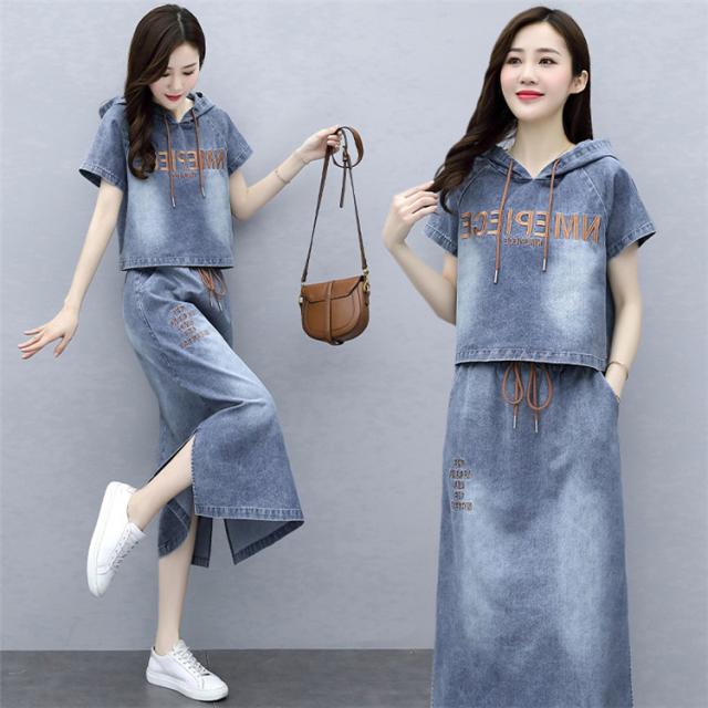 スカートセットアップ レディース デニム半袖Tシャツ ロングスカート 