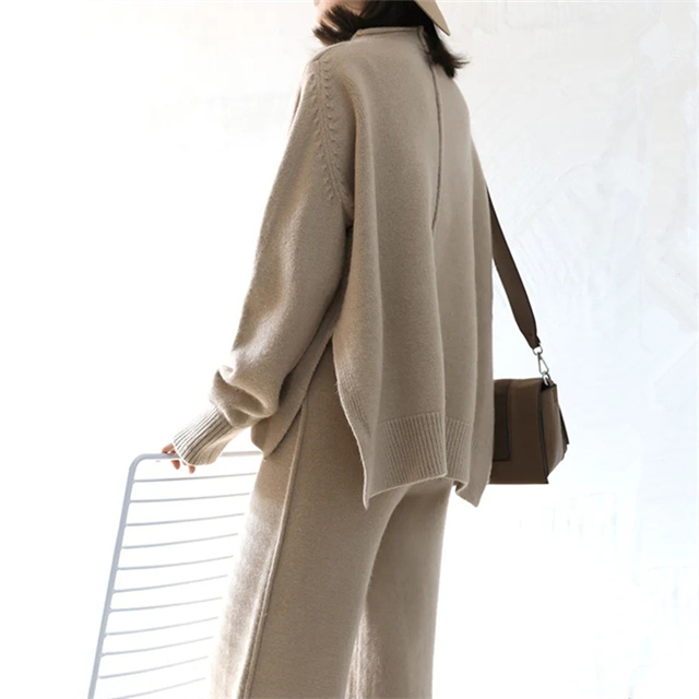 新入荷★雑誌掲載 レディース春ニットセーター ワイドパンツ セットアップ ハイネック 通勤春ニットセーターセット 気質ブルー 2点セット ワイドパンツ（素材（生地・毛糸）ニット）（レディース