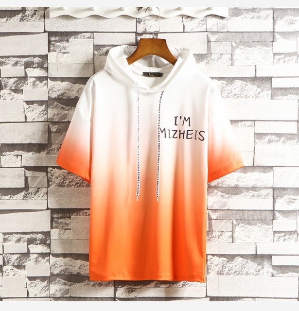 グレー/オレンジ グラデーションパーカー メンズ 半袖 Tシャツ 春夏 グラデーション フード付き スウェット