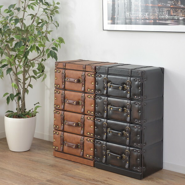 代引不可』東谷 トランク チェスト 4段 W410×D310×H755mm ブラック IW