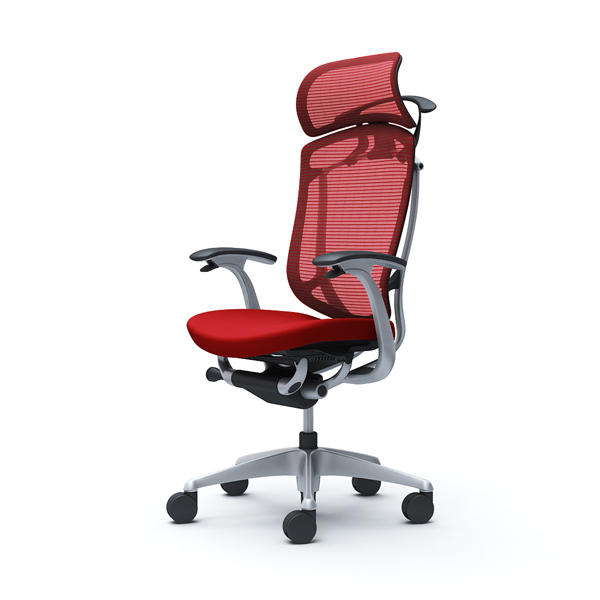 『代引不可』『受注生産品』オカムラ オフィスチェア コンテッサ セコンダ エクストラハイバック 大型固定ヘッドレスト シルバーフレーム ブラックボディ 座クッション デザインアーム ハンガー付 レッド CC48GR FPC9『送料無料（一部地域除く）』