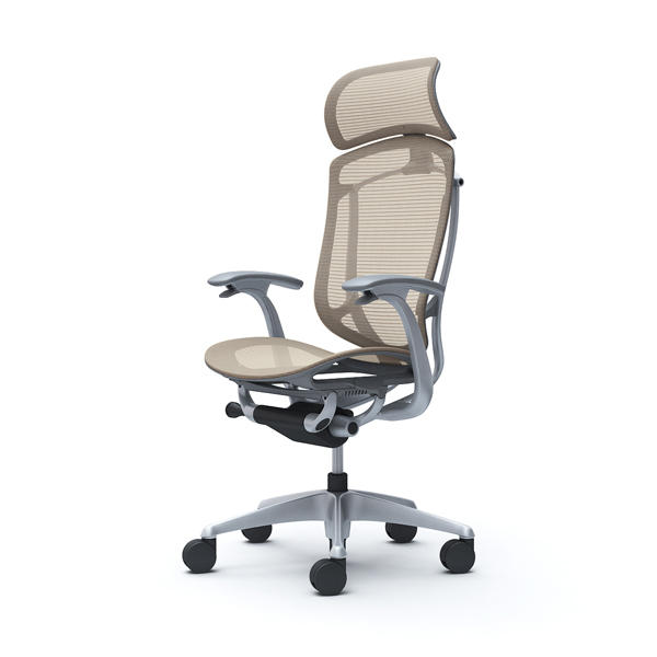 【受注生産品】 オカムラ オフィスチェア コンテッサ セコンダ エクストラハイバック 大型固定ヘッドレスト シルバーフレーム グレーボディ 座メッシュ デザインアーム ベージュ CC45GA FPG7『送料無料（一部地域除く）』の通販は