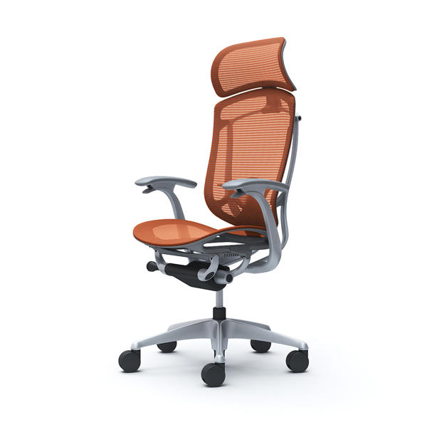【受注生産品】 オカムラ オフィスチェア コンテッサ セコンダ エクストラハイバック 大型固定ヘッドレスト シルバーフレーム グレーボディ 座メッシュ デザインアーム ランバーサポート付 オレンジレッド CC45GE FPH8『送料無料（一部地域除く）』の通販は 113,905円